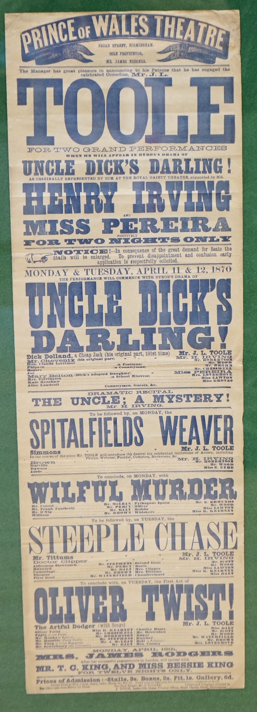 A vintage Prince of Wales, Birmingham Theatre bill poster, framed, 75cm high. Condition - fair